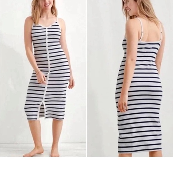aerie Dresses & Skirts - Aerie Navy and White Striped Ribbed Dress